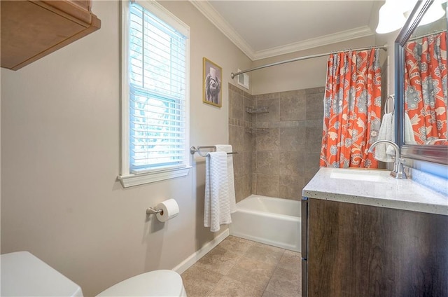 10312 Lamar Ave, Overland Park, KS 66207 - bathroom featuring toilet, baseboards, ornamental molding, shower / bathtub combination with curtain, and vanity