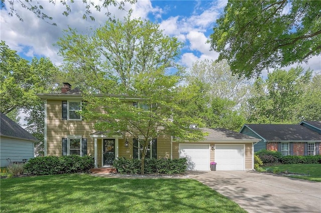 10312 Lamar Ave, Overland Park, KS 66207 - colonial-style house featuring a chimney, driveway, an attached garage, and a front lawn