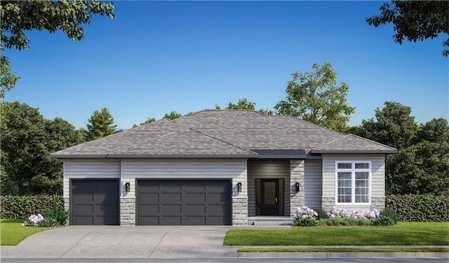9950 Brockway St, Lenexa, KS 66220 - view of front facade featuring a garage, stone siding, driveway, a front lawn, and a shingled roof