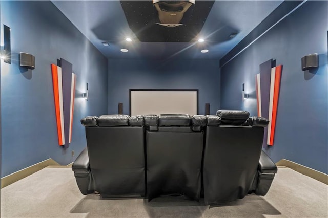 carpeted cinema room with baseboards and recessed lighting
