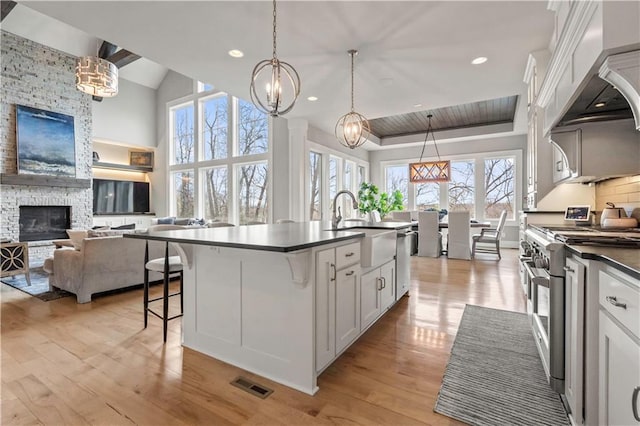 kitchen with appliances with stainless steel finishes, dark countertops, a sink, light wood-style floors, and custom range hood