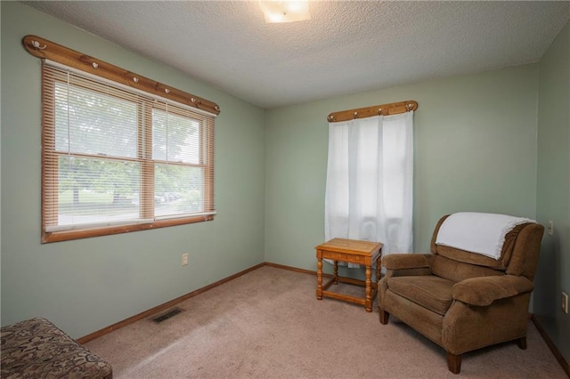 sitting room featuring visible vents, a textured ceiling, carpet floors, and baseboards