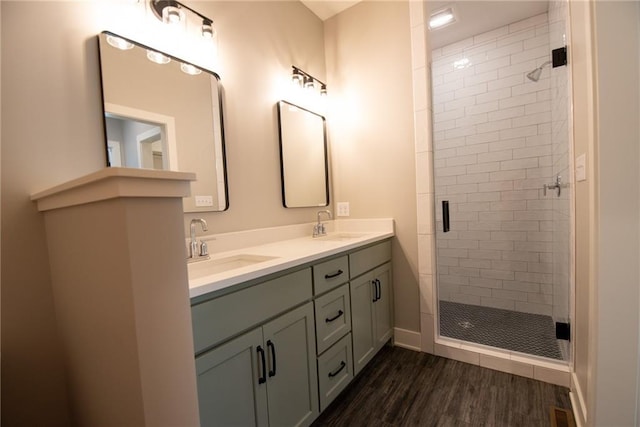 bathroom with wood finished floors, a sink, a stall shower, and double vanity
