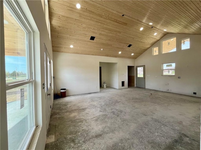 spare room with wooden ceiling, high vaulted ceiling, and recessed lighting