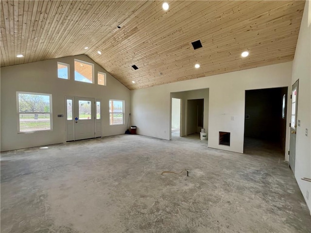 unfurnished living room featuring high vaulted ceiling, recessed lighting, and wooden ceiling
