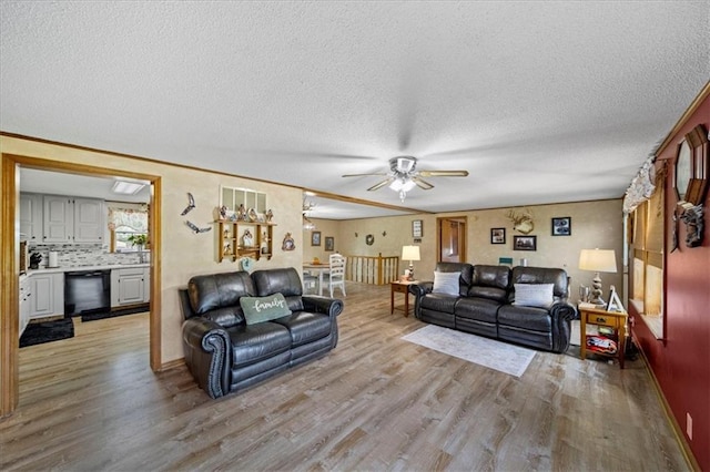 living room featuring wood finished floors, ceiling fan, and a textured ceiling
