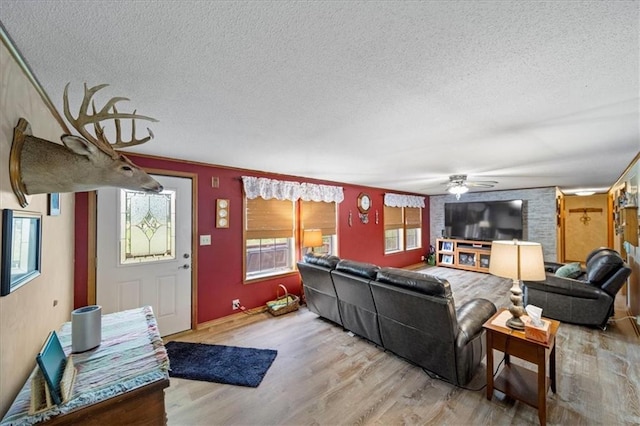 living area featuring a ceiling fan, a textured ceiling, and wood finished floors
