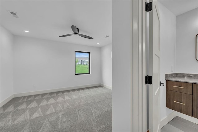 bathroom featuring recessed lighting, vanity, ceiling fan, visible vents, and baseboards