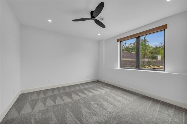 empty room with recessed lighting, carpet floors, baseboards, visible vents, and a ceiling fan