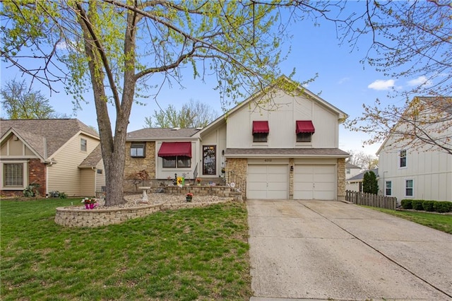 4012 NE Brooktree Ln, Kansas City, MO 64119 - tri-level home featuring driveway, stone siding, a front lawn, a garage, and fence
