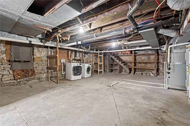 2701 Wilson Ave, Leavenworth, KS 66048 - unfinished basement featuring washing machine and clothes dryer, stairs, and heating unit