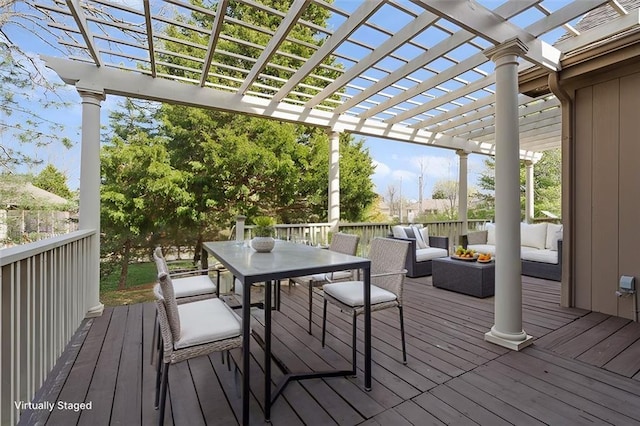 9708 Walnut Woods Dr, Kansas City, MO 64139 - deck featuring a pergola, outdoor dining space, and an outdoor living space