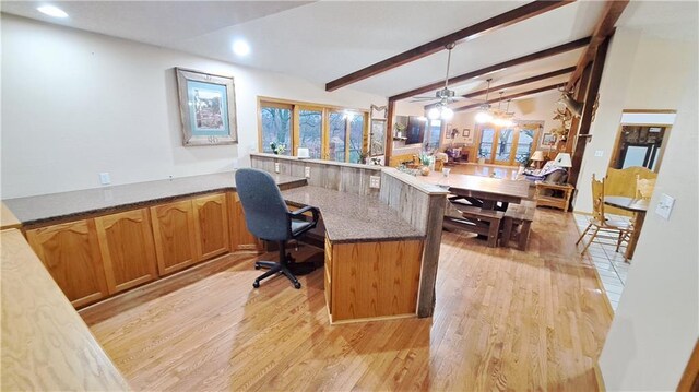 2101A Dove Rd, Longton, KS 67352 - office area with vaulted ceiling with beams, light wood-style flooring, ceiling fan, and recessed lighting