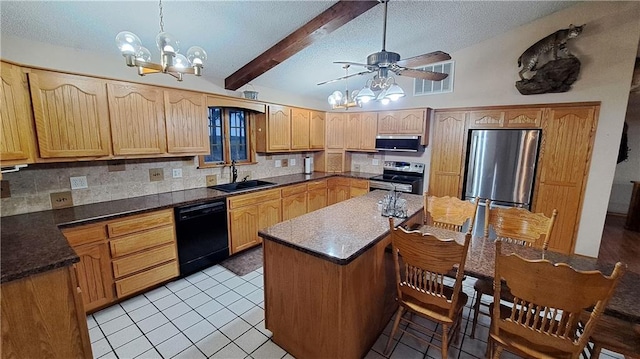 2101A Dove Rd, Longton, KS 67352 - kitchen with visible vents, tasteful backsplash, appliances with stainless steel finishes, a sink, and vaulted ceiling with beams