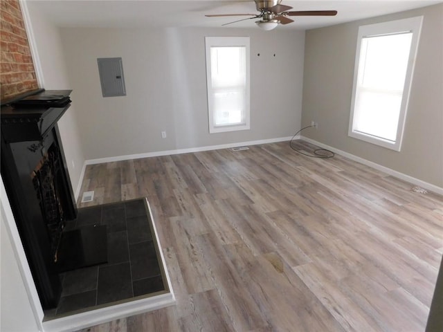 308 W 5th St, Pittsburg, KS 66762 - unfurnished living room with a ceiling fan, plenty of natural light, a fireplace, and electric panel