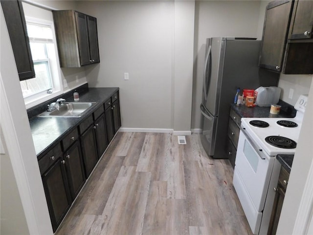 308 W 5th St, Pittsburg, KS 66762 - kitchen with a sink, white electric range oven, baseboards, dark countertops, and light wood-style floors