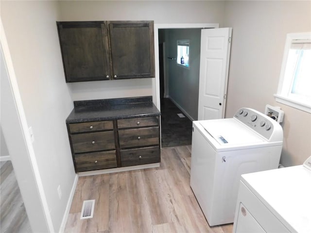 308 W 5th St, Pittsburg, KS 66762 - laundry area featuring baseboards, visible vents, washer and dryer, and light wood-style floors