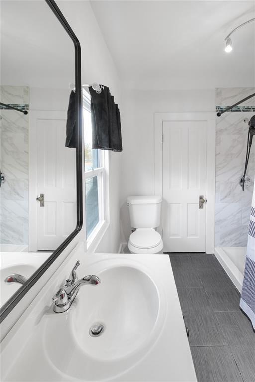 bathroom featuring toilet, vanity, and a shower stall