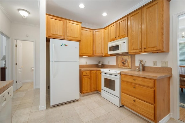 kitchen with light countertops, crown molding, light tile patterned floors, and white appliances