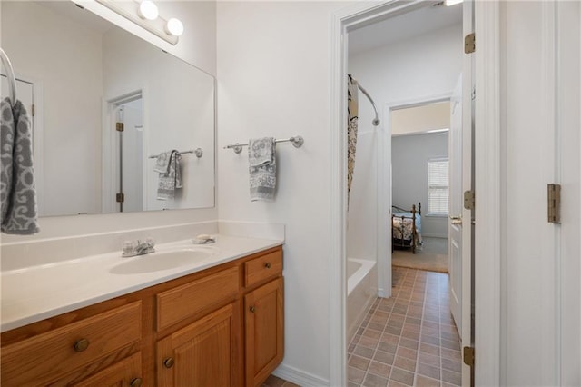 full bath featuring a bathtub, a shower with curtain, vanity, and tile patterned floors