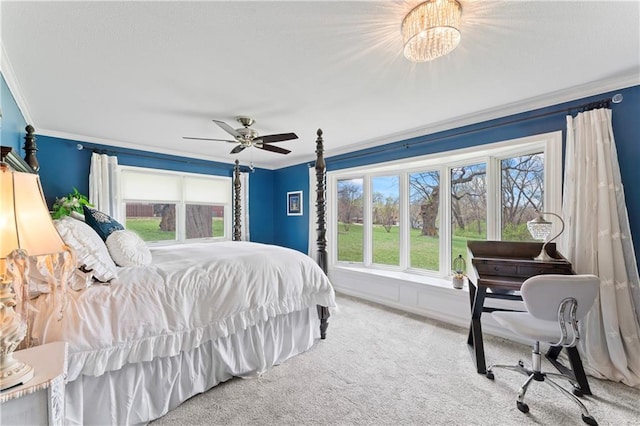 bedroom with carpet floors, ornamental molding, and multiple windows