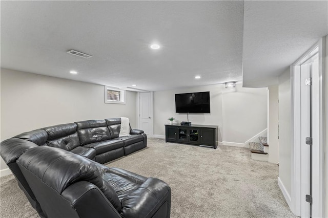 living room with recessed lighting, baseboards, visible vents, and carpet