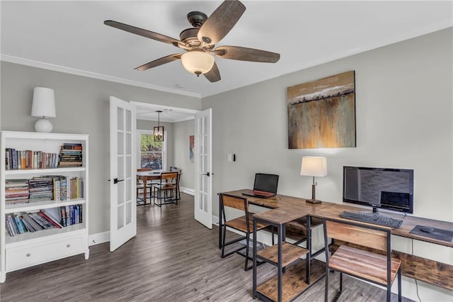 office featuring french doors, wood finished floors, ornamental molding, ceiling fan, and baseboards