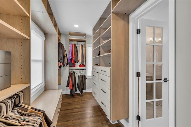 walk in closet featuring dark wood-type flooring