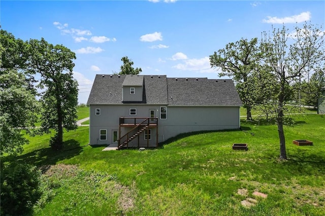 200 NW 180th St, Smithville, MO 64089 - back of property featuring stairs, a wooden deck, a lawn, and roof with shingles
