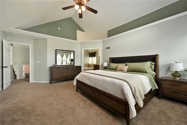 1216 SE Meridian Dr, Lees Summit, MO 64081 - carpeted bedroom featuring high vaulted ceiling, ceiling fan, and baseboards