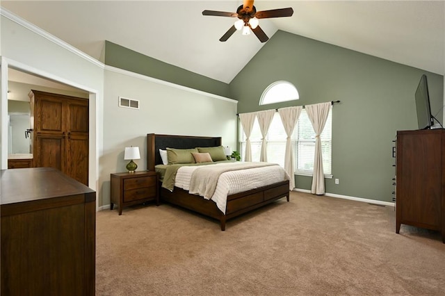 1216 SE Meridian Dr, Lees Summit, MO 64081 - bedroom with high vaulted ceiling, light colored carpet, a ceiling fan, and baseboards