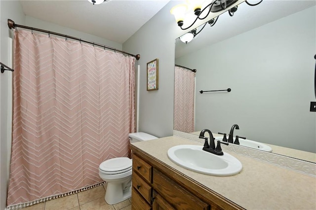 1216 SE Meridian Dr, Lees Summit, MO 64081 - bathroom with toilet, vanity, tile patterned floors, and a shower with shower curtain