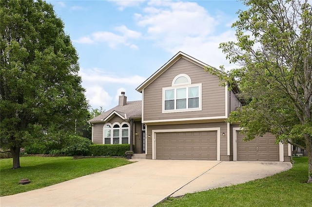 1216 SE Meridian Dr, Lees Summit, MO 64081 - traditional-style home with driveway, a garage, a front yard, and a chimney
