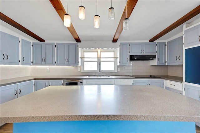 kitchen featuring black electric stovetop, beam ceiling, exhaust hood, and tasteful backsplash