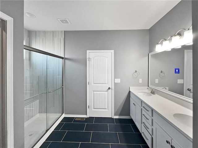 bathroom with a shower stall, visible vents, tile patterned flooring, and a sink