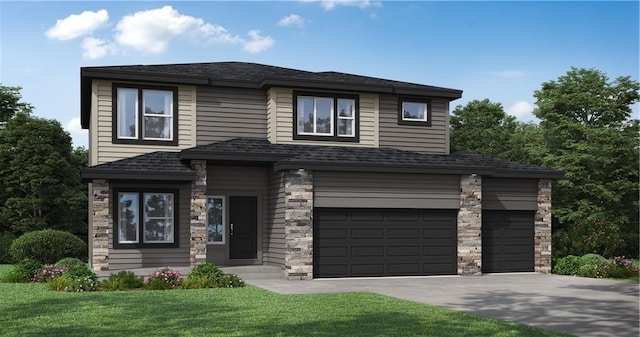 prairie-style home featuring concrete driveway, roof with shingles, stone siding, a front lawn, and an attached garage