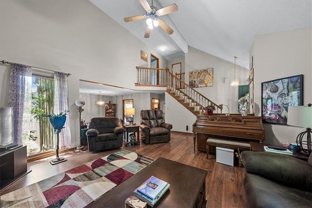 9111 Allman Rd, Lenexa, KS 66219 - living area featuring stairs, wood finished floors, high vaulted ceiling, and ceiling fan