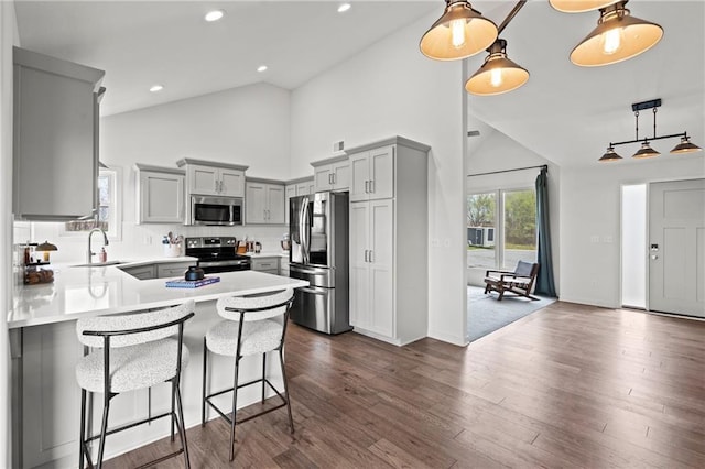 kitchen with a peninsula, light countertops, stainless steel appliances, and gray cabinets