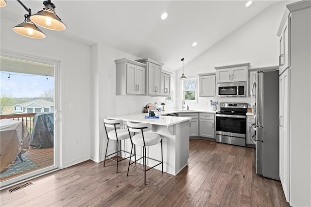 kitchen featuring stainless steel appliances, a sink, dark wood-style floors, visible vents, and a peninsula
