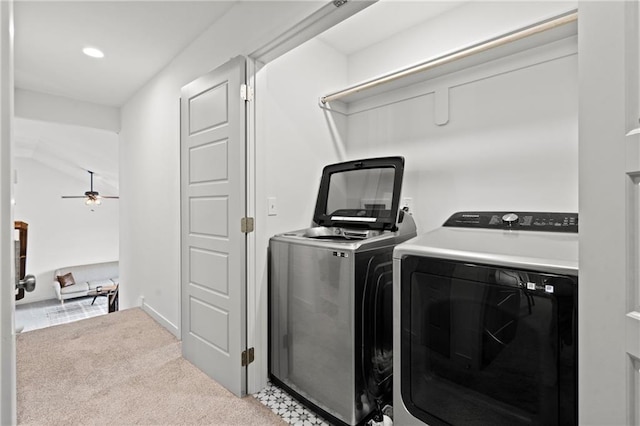 laundry room with carpet flooring, ceiling fan, laundry area, recessed lighting, and washing machine and dryer