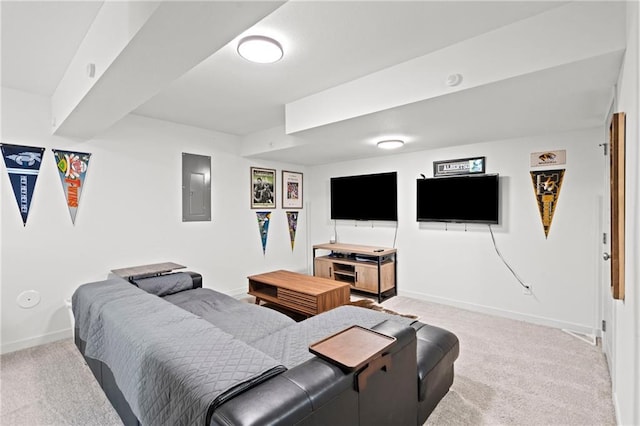 carpeted living area featuring baseboards and electric panel