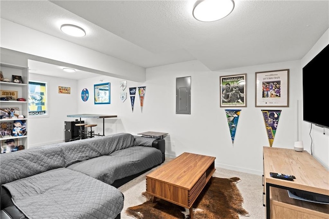 living area featuring a textured ceiling, baseboards, light colored carpet, and electric panel