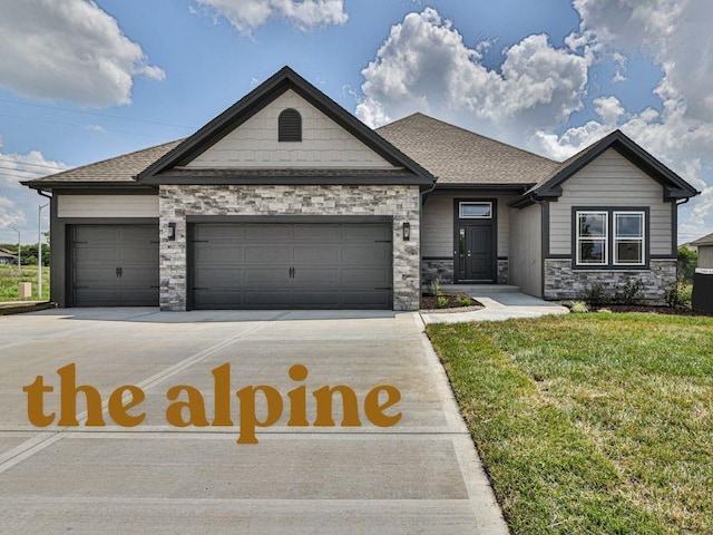 view of front of property with driveway, stone siding, a front lawn, a garage, and a shingled roof