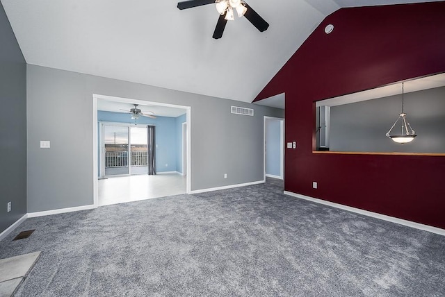 953 N Hickory Dr, Tonganoxie, KS 66086 - unfurnished living room with a ceiling fan, carpet flooring, baseboards, and high vaulted ceiling