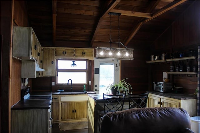 kitchen featuring lofted ceiling with beams, range with electric cooktop, range hood, wood ceiling, and a sink