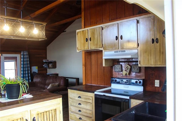 kitchen with under cabinet range hood, a sink, vaulted ceiling with beams, range with electric stovetop, and open floor plan