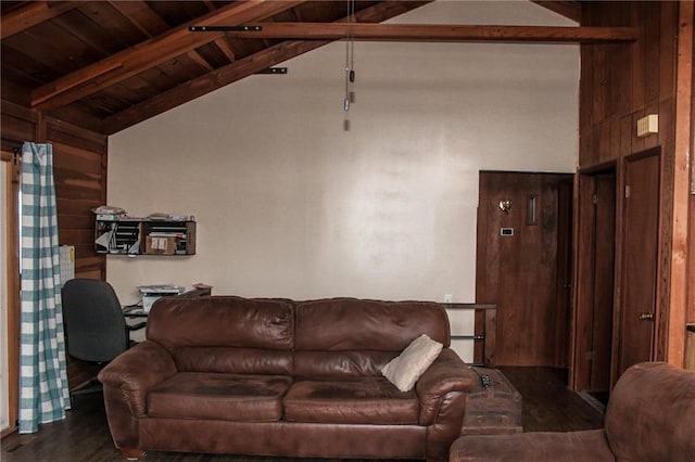 living room with wood walls, wooden ceiling, wood finished floors, and lofted ceiling with beams