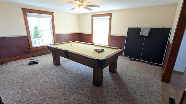 2023 Linden Rd, Hiawatha, KS 66434 - playroom with wainscoting, a ceiling fan, carpet flooring, and billiards