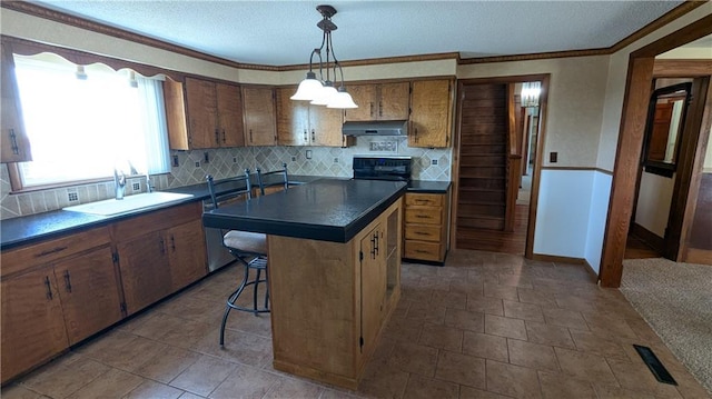 2023 Linden Rd, Hiawatha, KS 66434 - kitchen featuring dark countertops, a center island, a sink, backsplash, and under cabinet range hood