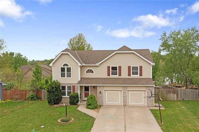 traditional-style house with brick siding, fence, driveway, and a front yard
